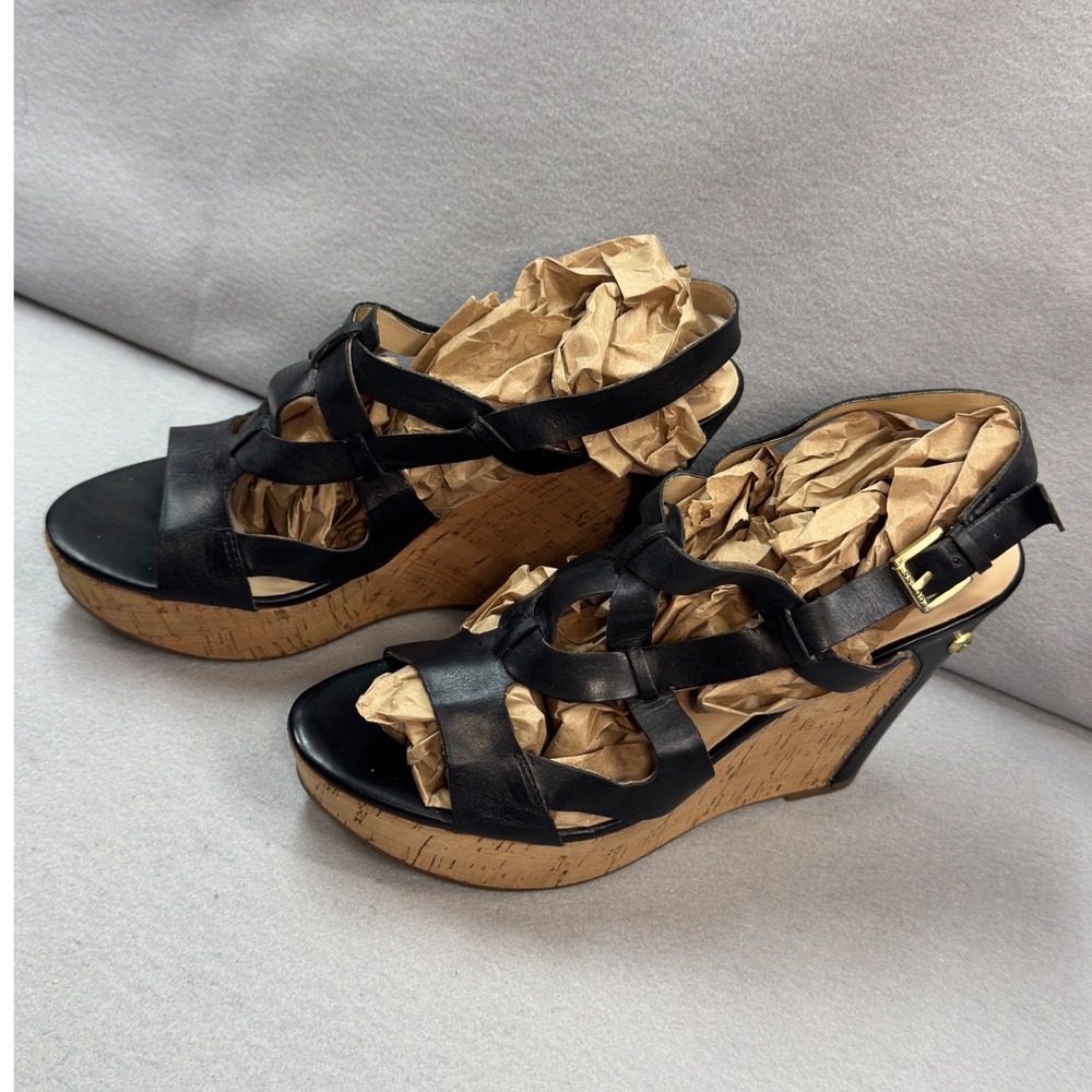 Boho Black Gold Guess Wedge Sandals Womens 10 Leather Cork Platform Strappy - Picture 8 of 9